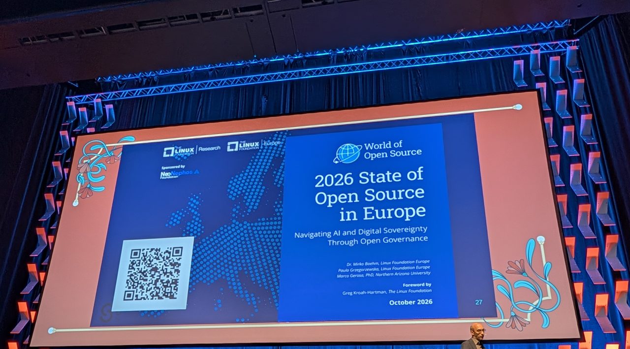 The 2026 State of Open Source in Europe report cover on the Congress Hall screen