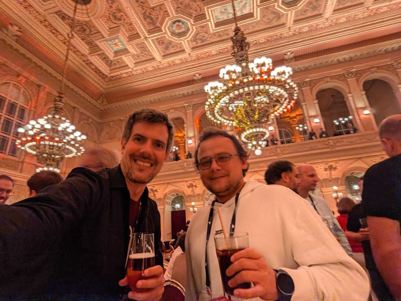 Luca Berton and Marcin Czupryniak toasting in the Žofín Palace ballroom