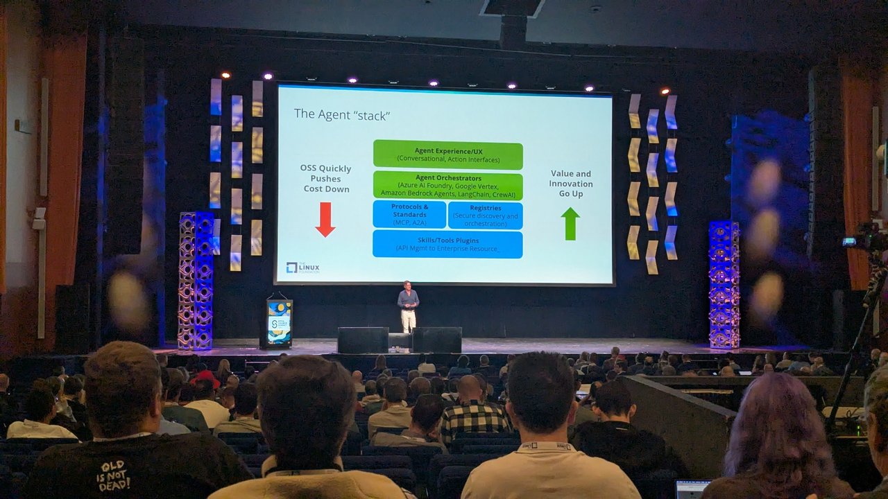 The Agent stack keynote slide at Open Source Summit Europe 2025, layering agent UX, orchestrators, protocols and registries, and tools, with OSS pushing cost down and value going up