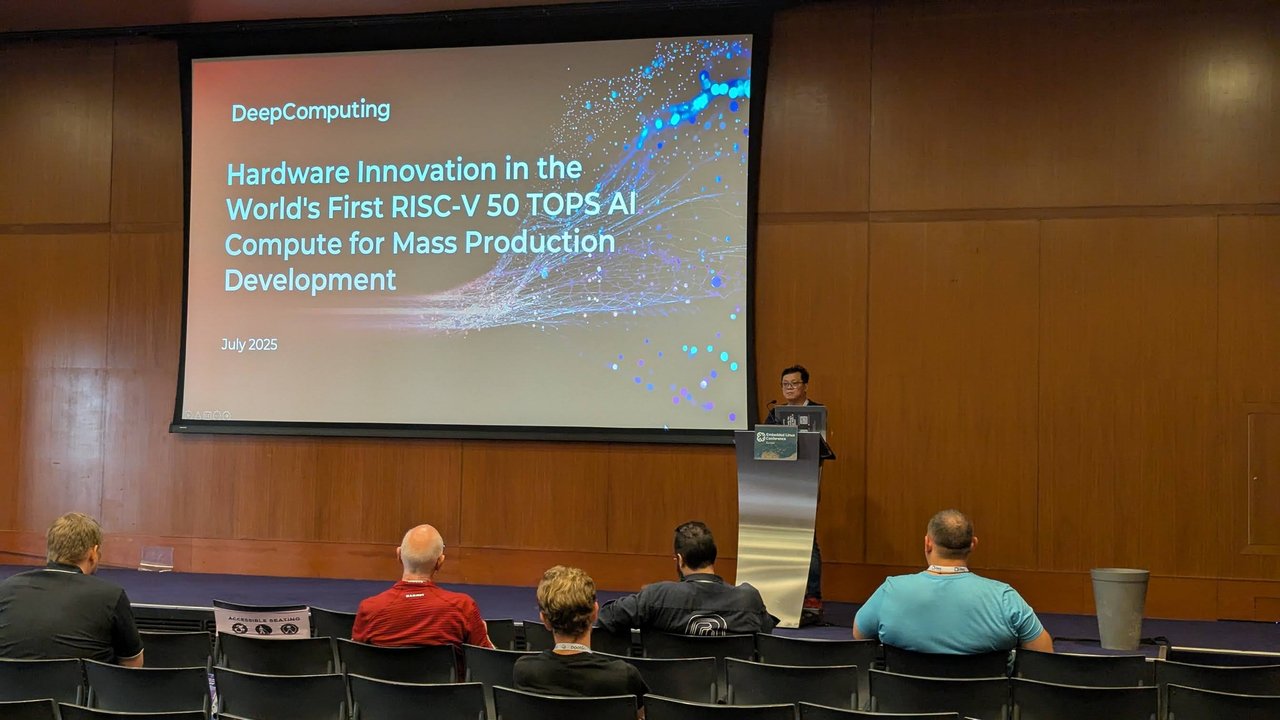 DeepComputing founder Yuning Liang presenting Hardware Innovation in the World's First RISC-V 50 TOPS AI Compute for Mass Production Development at Embedded Linux Conference Europe 2025