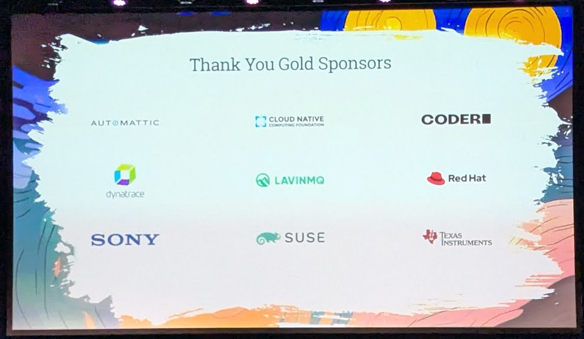 Thank You Gold Sponsors slide on the Open Source Summit Europe 2025 keynote screen: Automattic, CNCF, Coder, Dynatrace, LavinMQ, Red Hat, Sony, SUSE and Texas Instruments