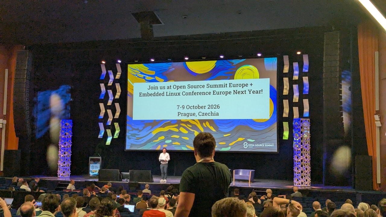 Slide announcing Open Source Summit Europe and Embedded Linux Conference Europe 2026 in Prague, Czechia, 7 to 9 October 2026