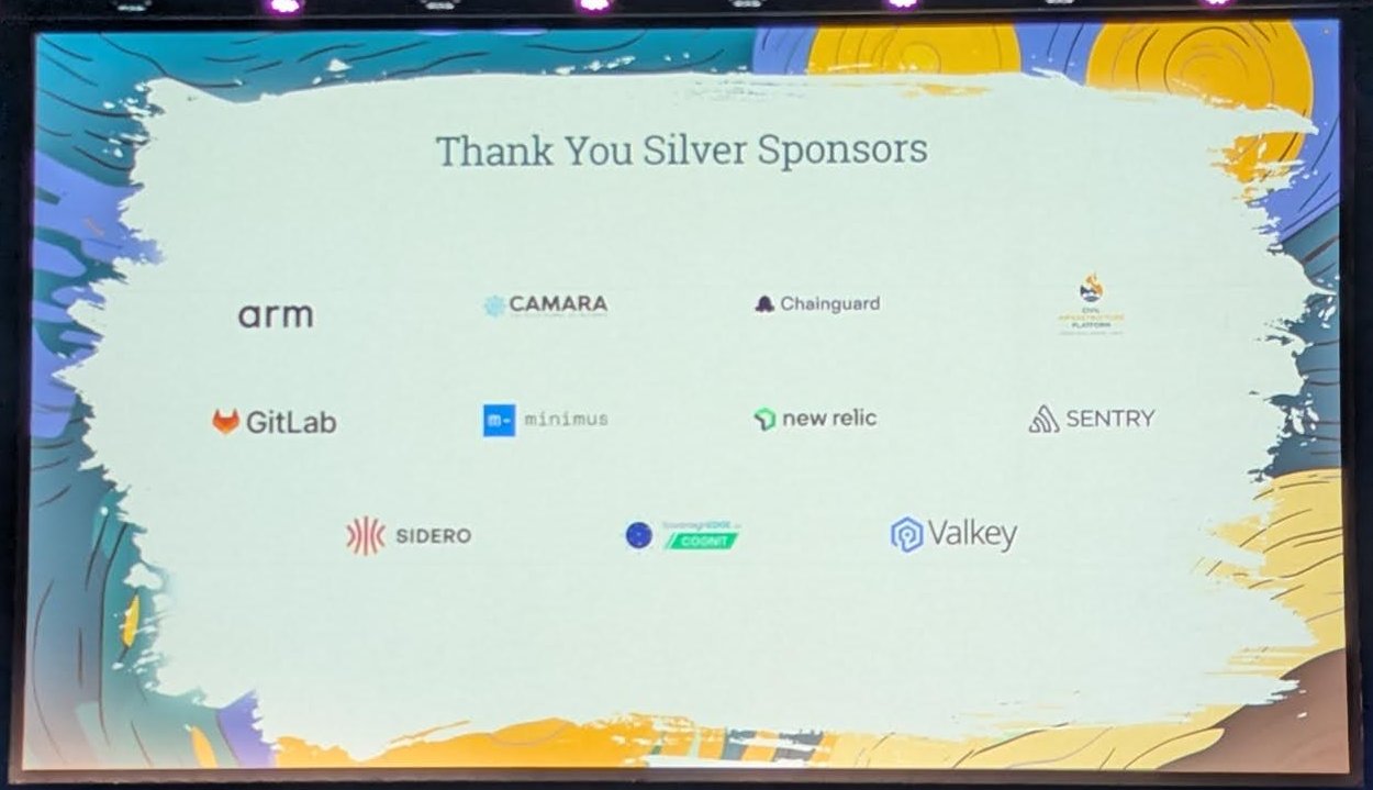 Thank You Silver Sponsors slide on the Open Source Summit Europe 2025 keynote screen: Arm, CAMARA, Chainguard, GitLab, minimus, New Relic, Sentry, Sidero and Valkey