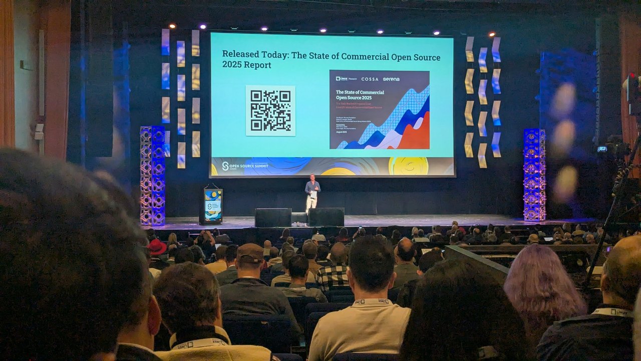 Released Today: The State of Commercial Open Source 2025 Report slide from LF Research, COSSA and Serena at Open Source Summit Europe 2025