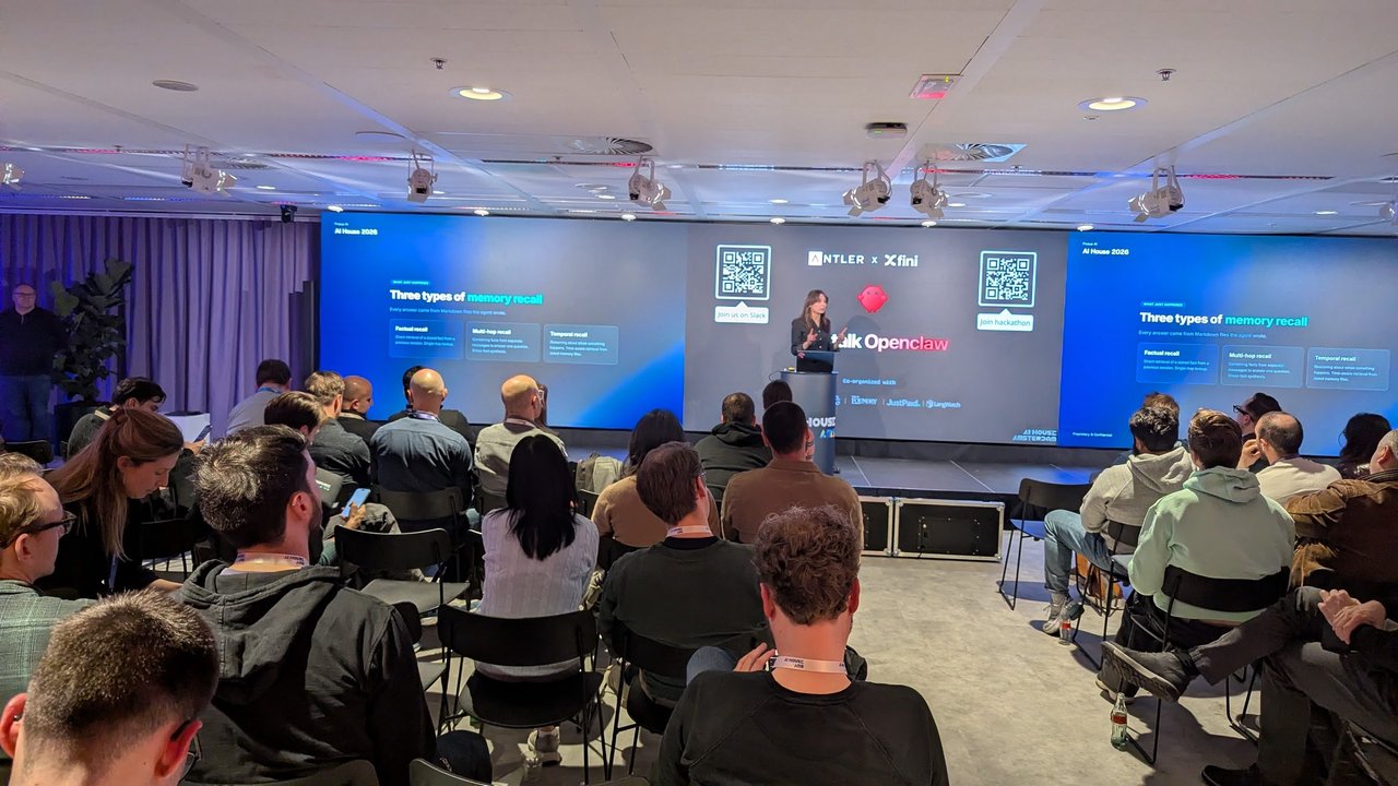Three types of memory recall slide at the OpenClaw meetup at AI House Amsterdam: factual, multi-hop and temporal recall from Markdown files