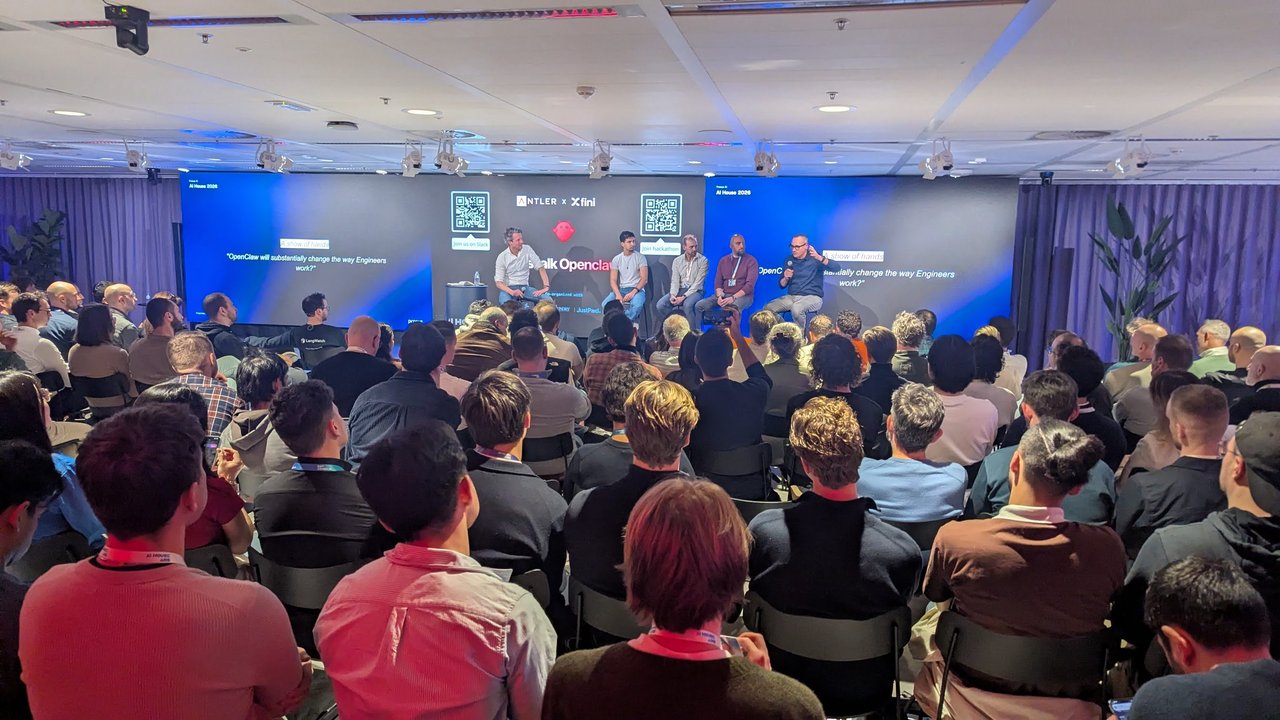 Show of hands slide at the OpenClaw panel at AI House Amsterdam asking whether OpenClaw will substantially change the way engineers work