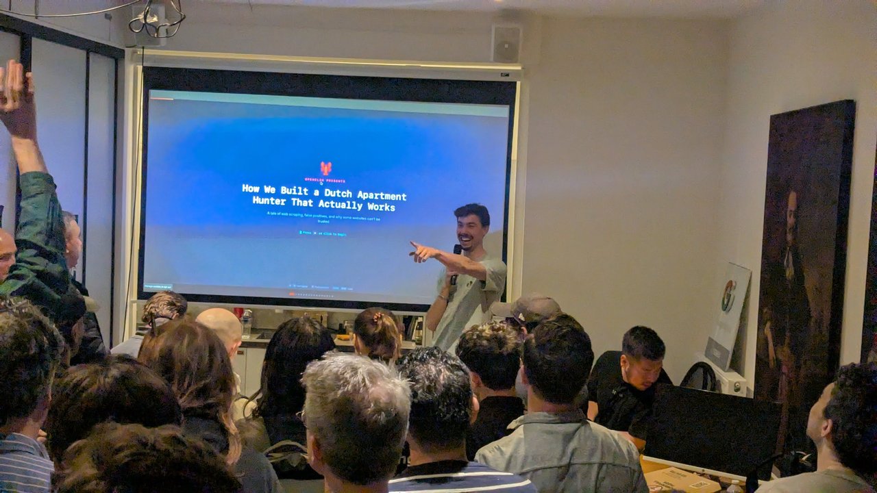 Speaker presenting How We Built a Dutch Apartment Hunter That Actually Works at the OpenClaw Demo + Hackathon Amsterdam