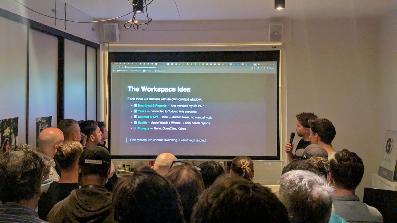 The Workspace Idea slide at the OpenClaw Demo + Hackathon Amsterdam, listing Heartbeat, Tasks, Content, Health and Projects domains