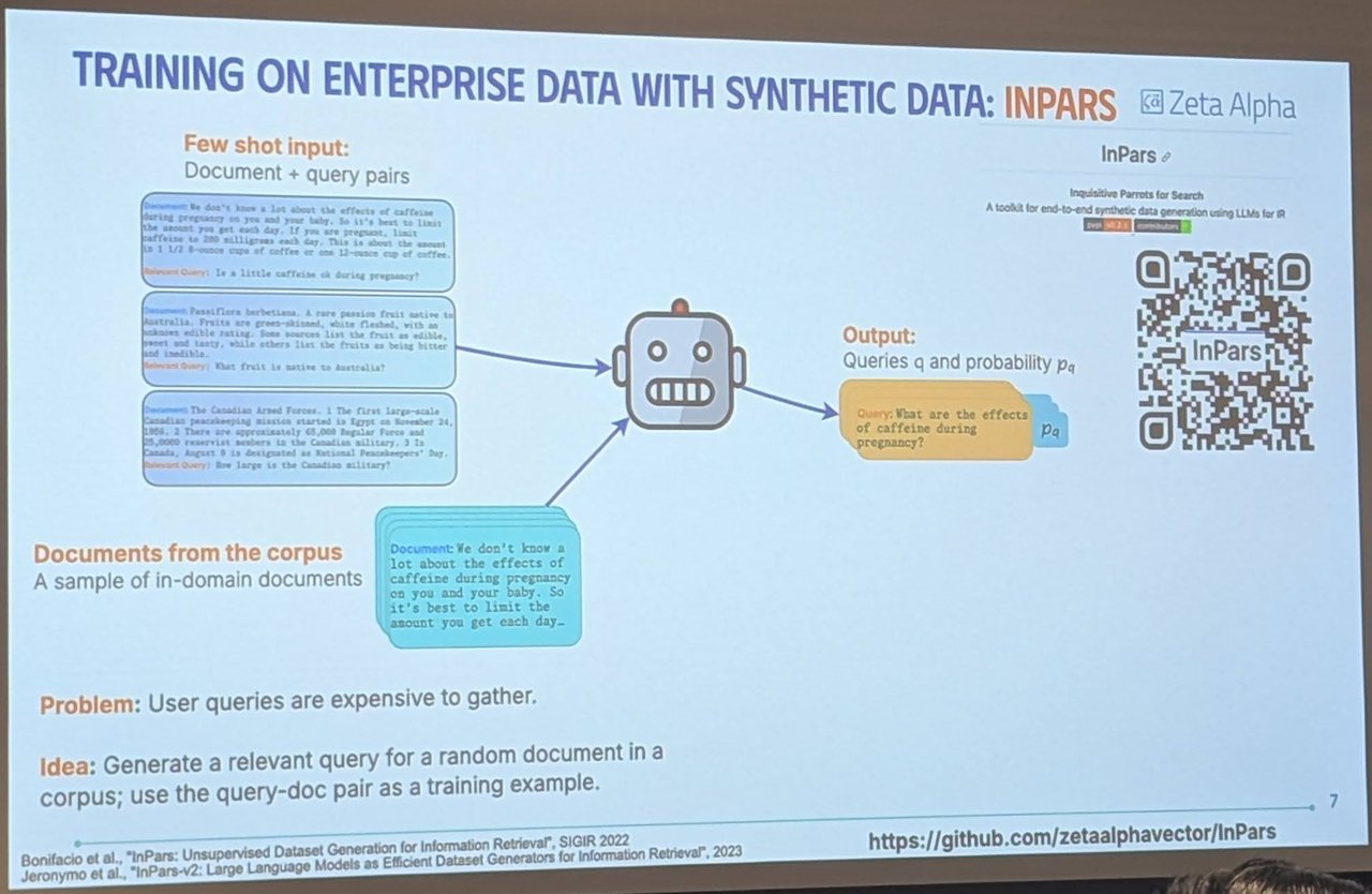 Training on enterprise data with synthetic data: InPars slide showing few-shot document and query pairs and corpus documents going into an LLM that outputs queries with probabilities