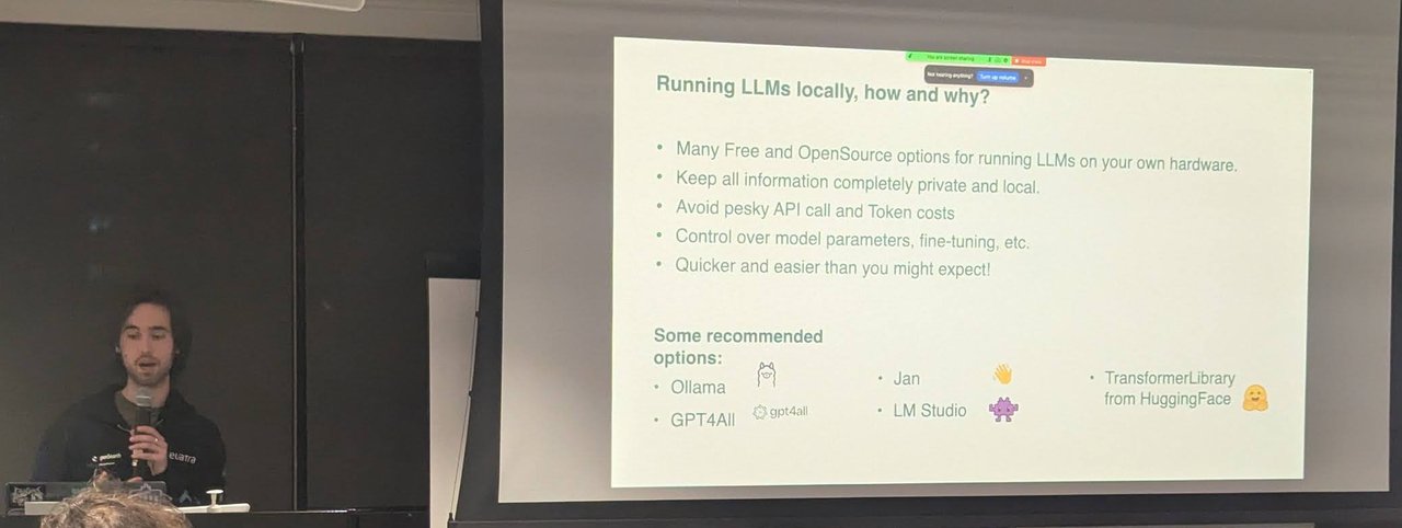 Running LLMs locally, how and why? slide listing privacy, no API or token costs and control over model parameters, with Ollama, GPT4All, Jan, LM Studio and the Hugging Face Transformers library as recommended options