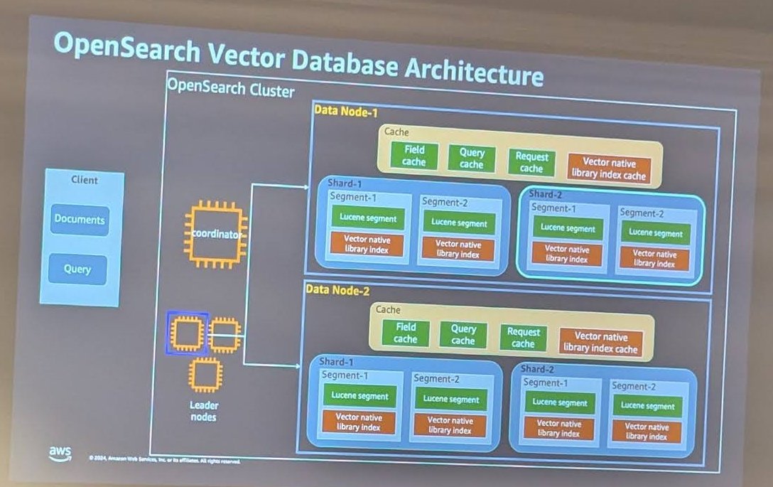 OpenSearch Vector Database Architecture slide showing data nodes, caches, shards and segments, each segment pairing a Lucene segment with a vector native library index