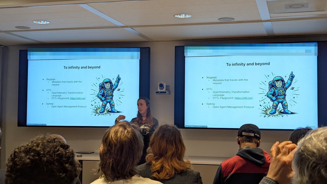 Evelien Schellekens presenting the To infinity and beyond slide at the SRE NL meetup at Elastic Amsterdam, with Baggage described as metadata that travels with the request