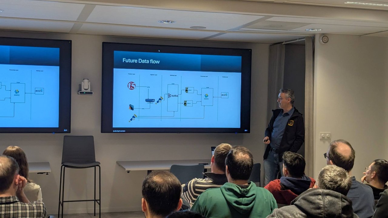 Future Data flow slide with Kafka between ingestion and processing layers, Elastic and Kibana, and the speaker standing next to the screen