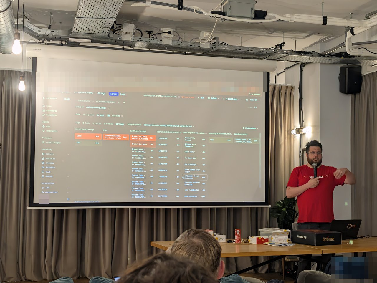 Log triage view on the big screen comparing ERROR and FATAL logs against the rest for the product catalog service, with Product Id Lookup Failed at the top