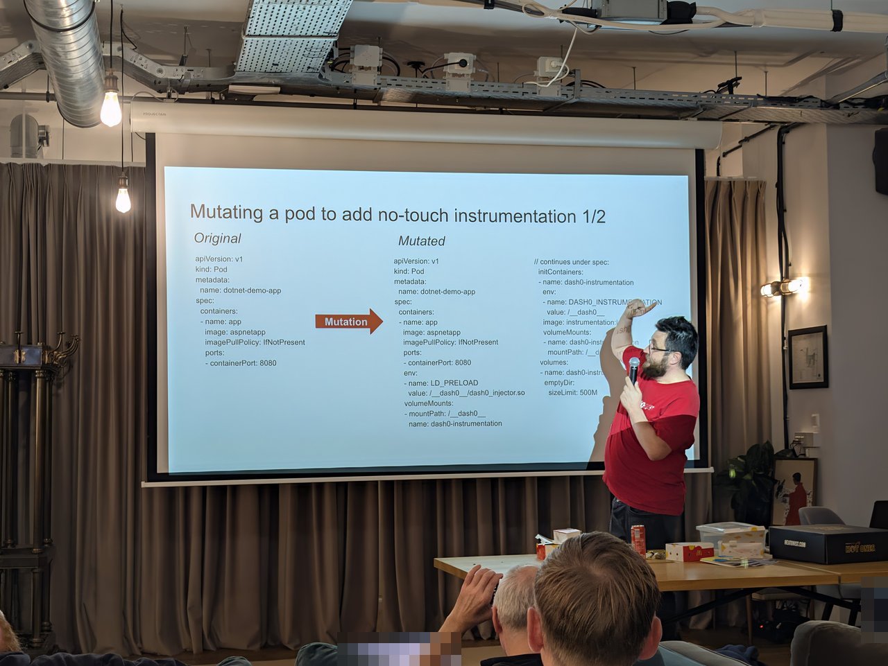 Slide titled Mutating a pod to add no-touch instrumentation, showing an original pod spec and a mutated one with LD_PRELOAD, an init container and an emptyDir volume
