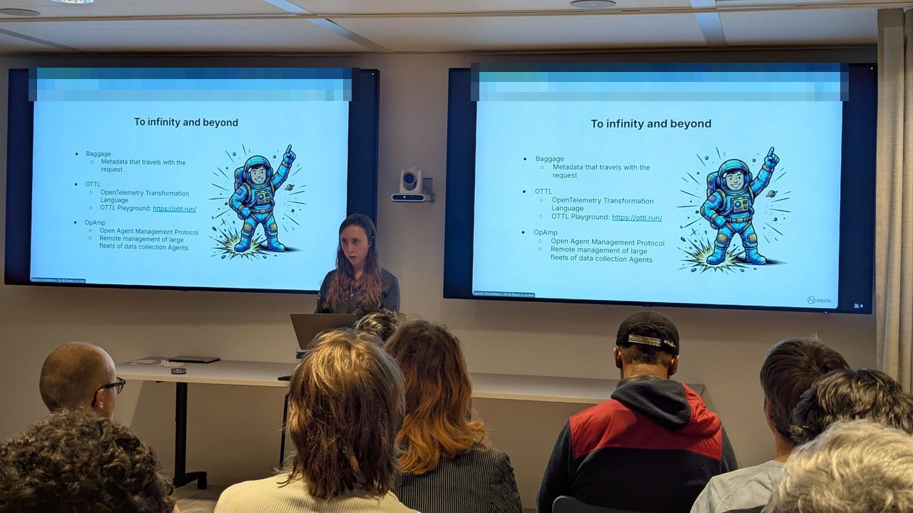 To infinity and beyond slide at the SRE NL meetup at Elastic, describing OpAMP as the Open Agent Management Protocol for remote management of large fleets of data collection Agents