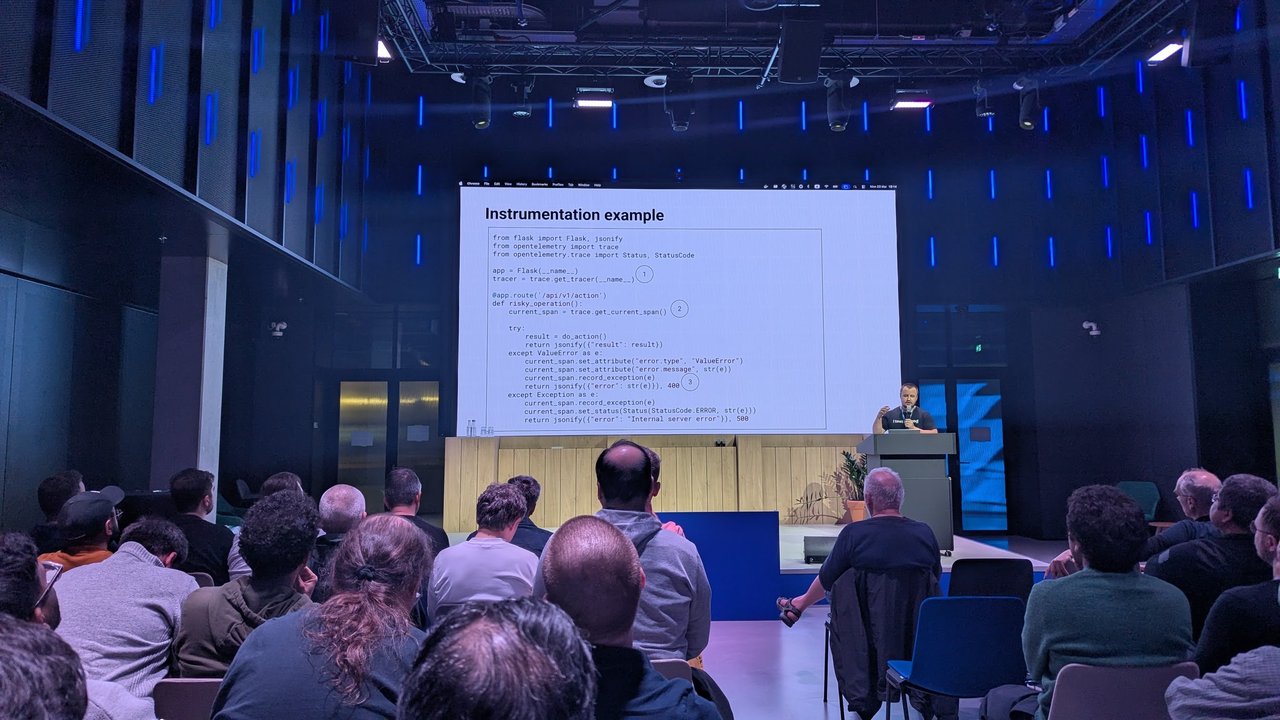 Slide titled Instrumentation example at Signal Overflow, showing a Flask route in Python that sets error attributes, records exceptions and sets span status to ERROR