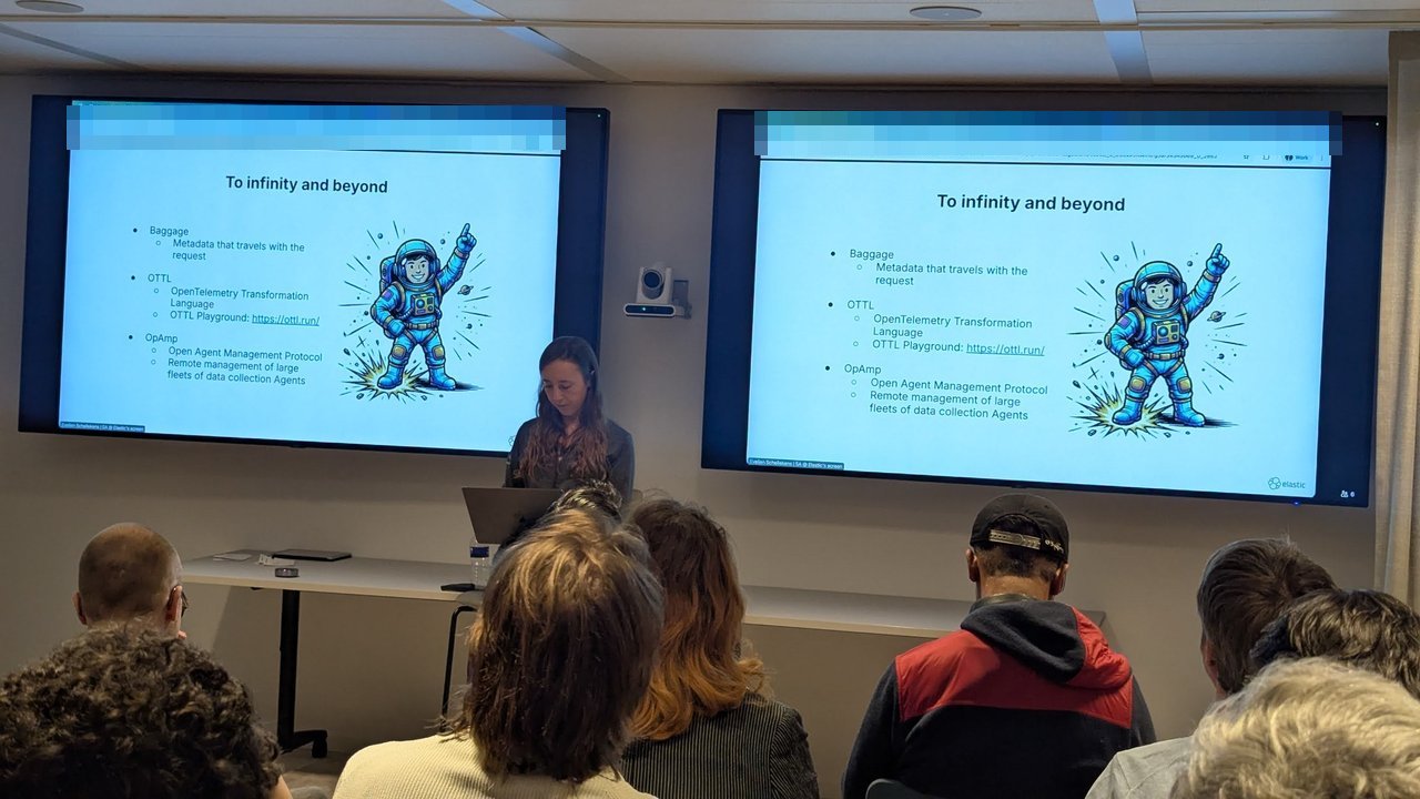 To infinity and beyond slide at the SRE NL meetup at Elastic Amsterdam listing OTTL, the OpenTelemetry Transformation Language, with the ottl.run playground link