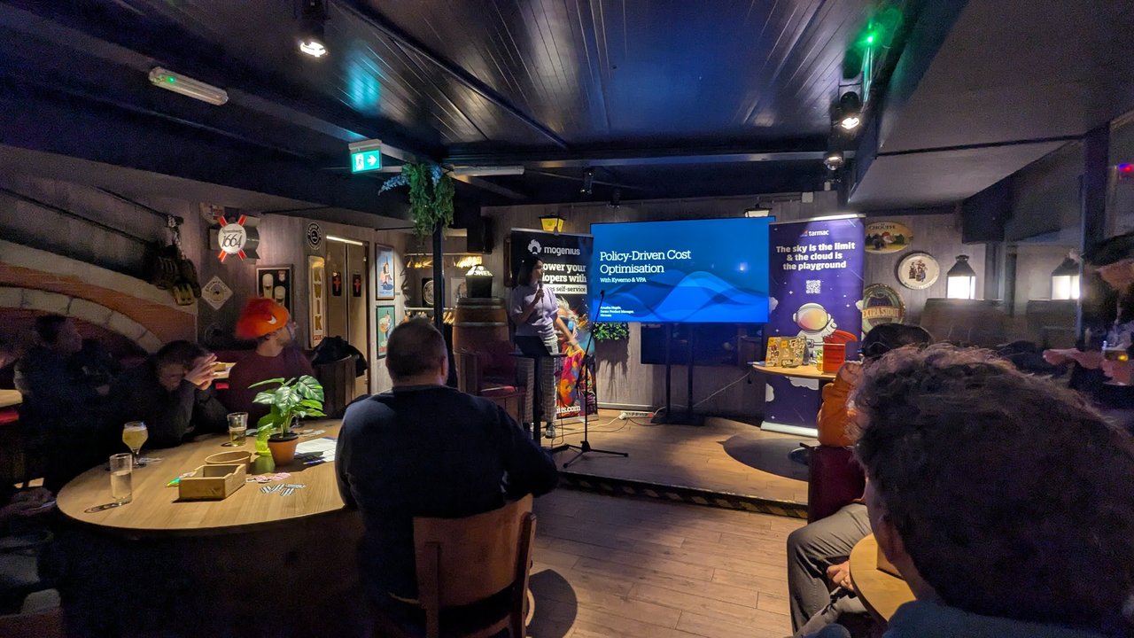 Policy-Driven Cost Optimisation with Kyverno and VPA title slide at the Platform Engineering Amsterdam meetup