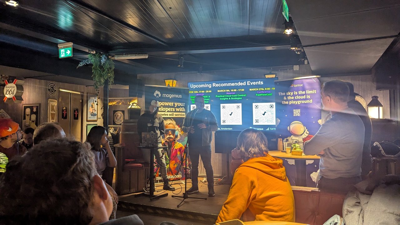 Upcoming Recommended Events slide at Platform Engineering Amsterdam listing a meetup, a cloud cost control webinar and FastFlowConf