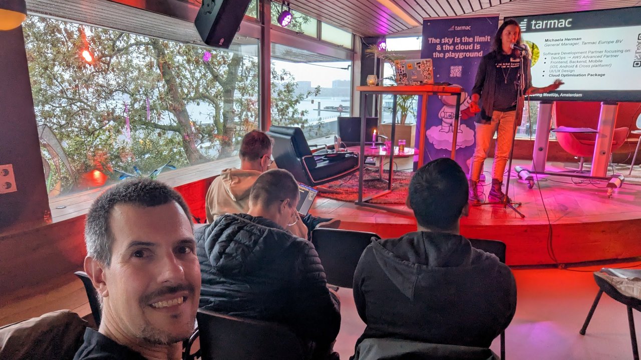 Selfie in the audience while the tarmac General Manager introduces the company on stage at Platform Engineering Amsterdam in September 2025