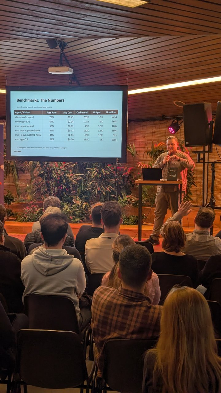 Speaker at the lectern in front of the Benchmarks: The Numbers slide comparing six coding-agent variants on pass rate, cost, cache read, output and duration