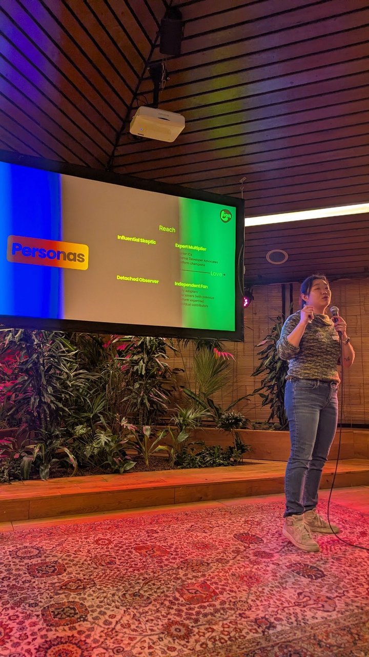 Lian presenting the Personas slide, a Reach and Love grid with Influential Skeptic, Expert Multiplier, Detached Observer and Independent Fan quadrants