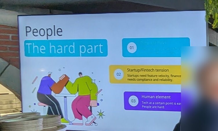 A slide titled People, the hard part, with cards on startup and fintech tension and the human element