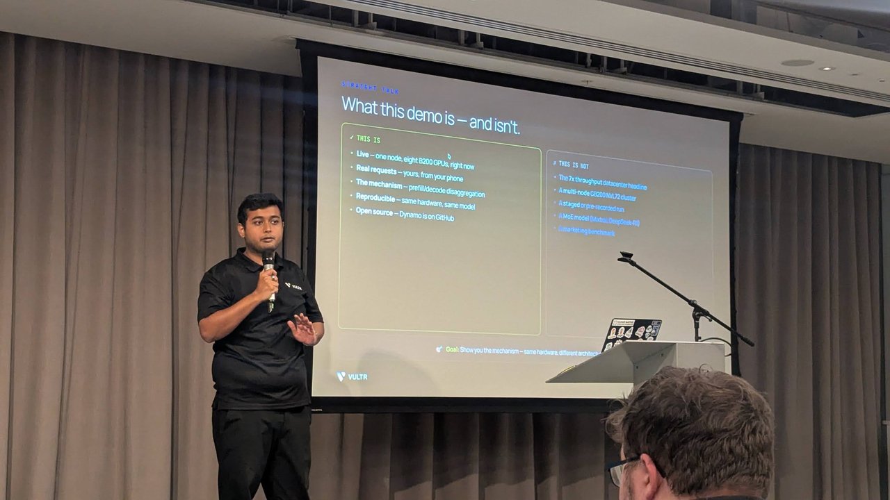 Slide titled "What this demo is and isn't" listing a live run on one node with eight B200 GPUs