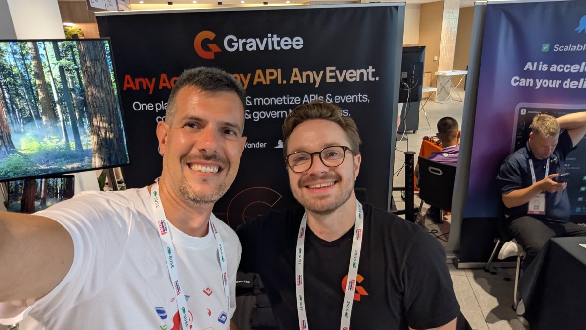 Gravitee booth at PlatformCon London 2026 showing 'Any API. Any Event.' agent management platform