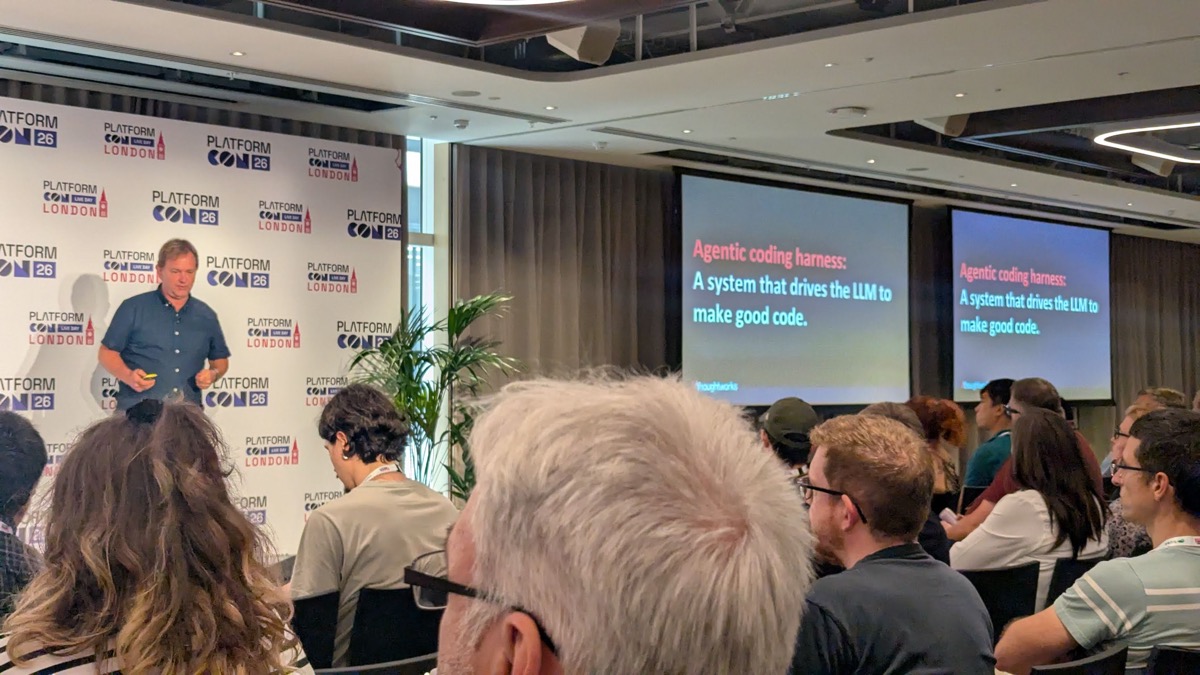Patrick Debois presenting 'Agentic coding harness: a system that drives the LLM to make good code' at PlatformCon London 2026