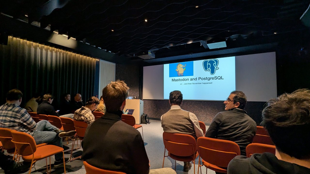 Title slide of the Mastodon and PostgreSQL talk, subtitled and then November happened, at a PostgreSQL user meetup in Amsterdam
