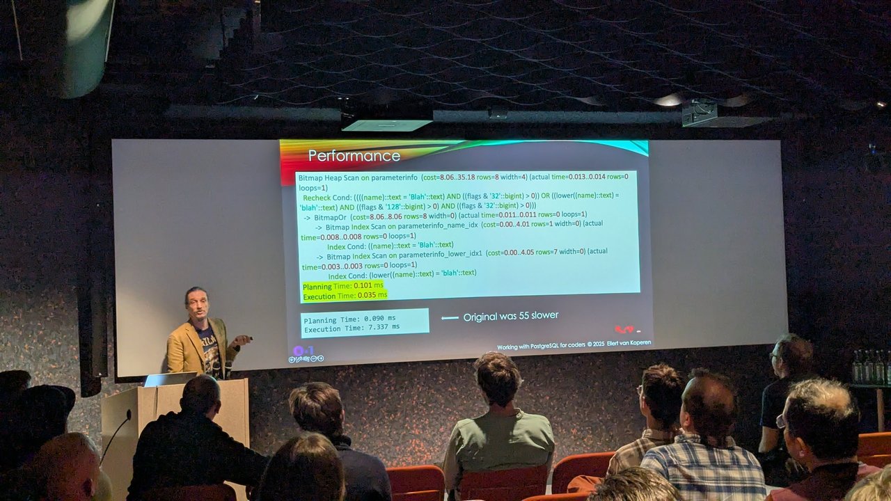 Performance slide showing a BitmapOr over two index scans, execution time 0.035 ms versus the original 7.337 ms