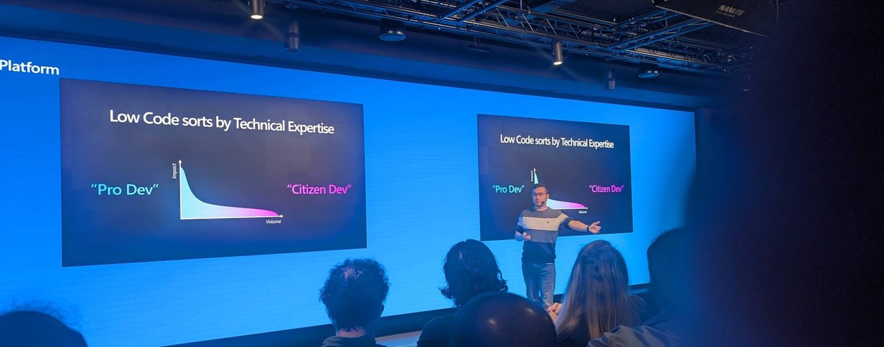 The Low Code sorts by Technical Expertise slide, a long-tail chart from Pro Dev to Citizen Dev, with the speaker gesturing beside it