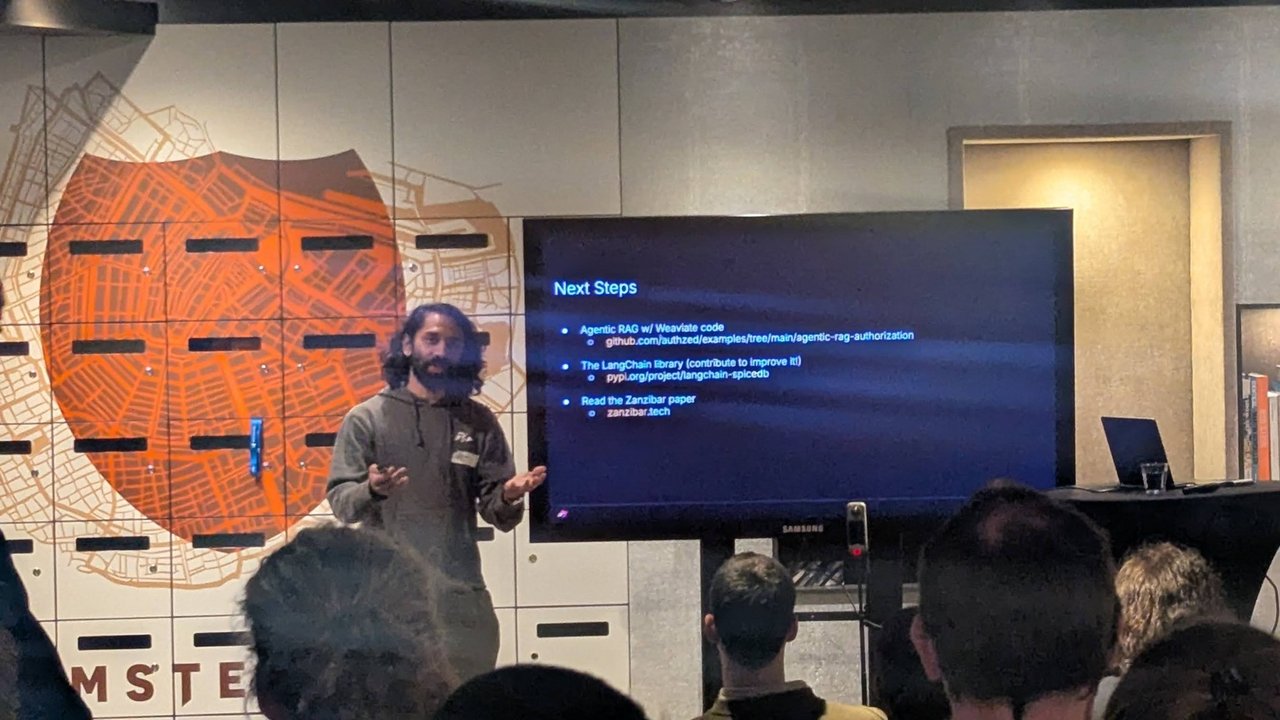 The Next Steps slide at the SpiceDB talk, linking the agentic-rag-authorization example in authzed/examples, the langchain-spicedb package on PyPI and the Zanzibar paper