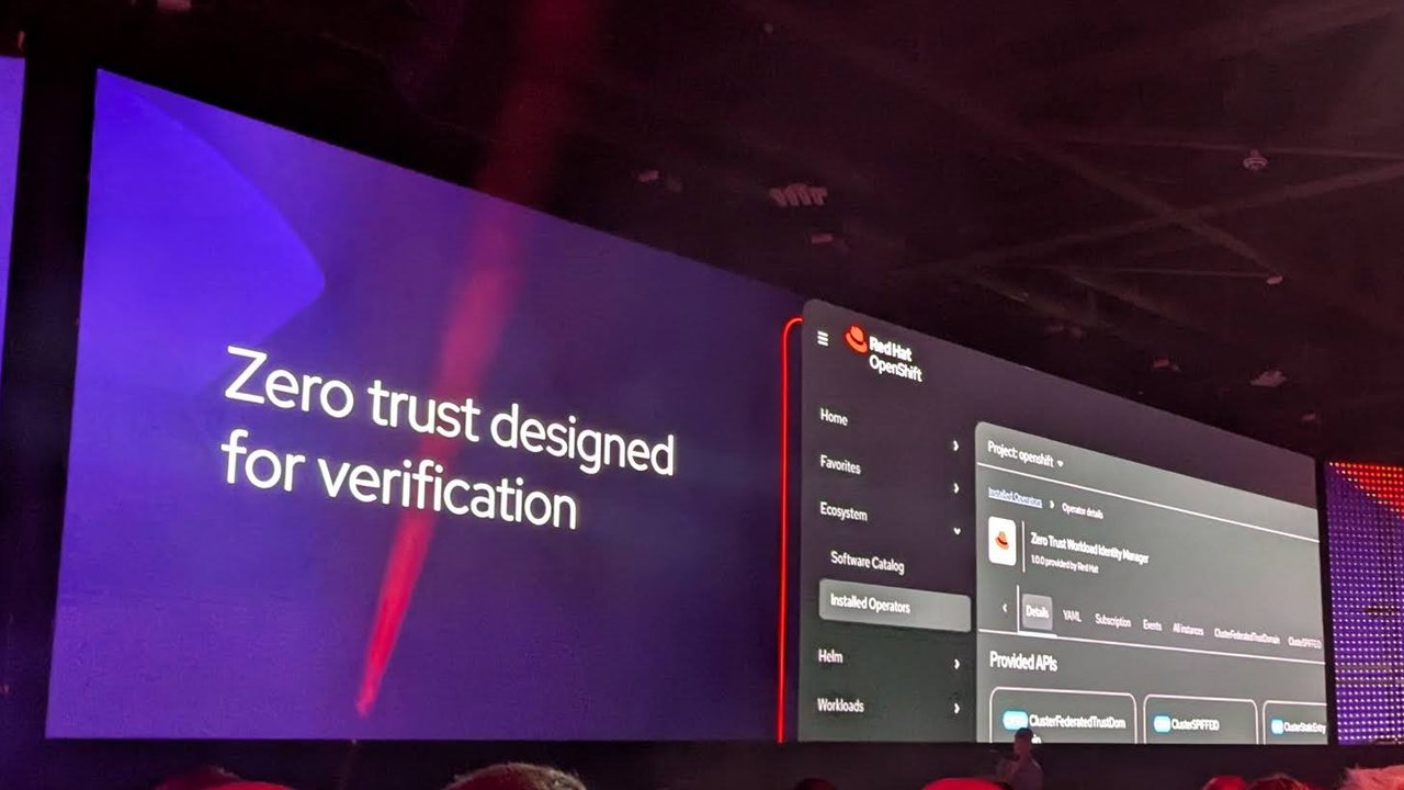 A presenter beside a slide reading Zero trust designed for verification and an OpenShift console