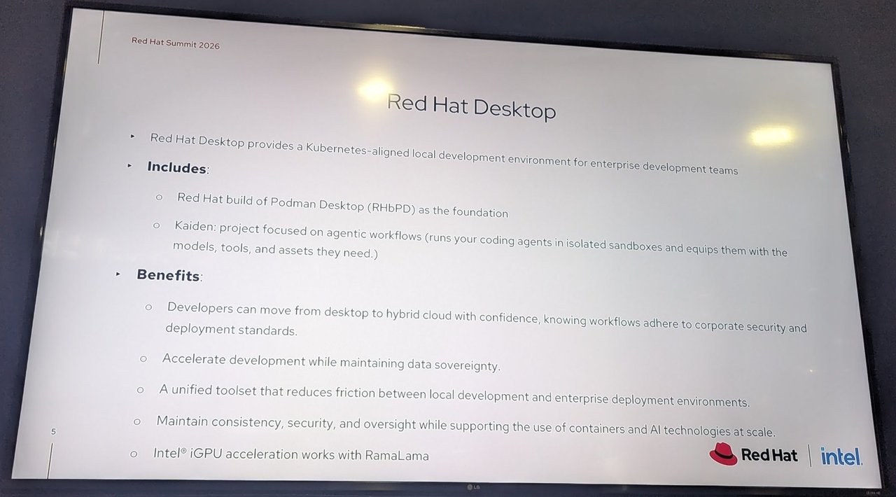 Slide titled Red Hat Desktop with Includes and Benefits lists, Red Hat and Intel logos