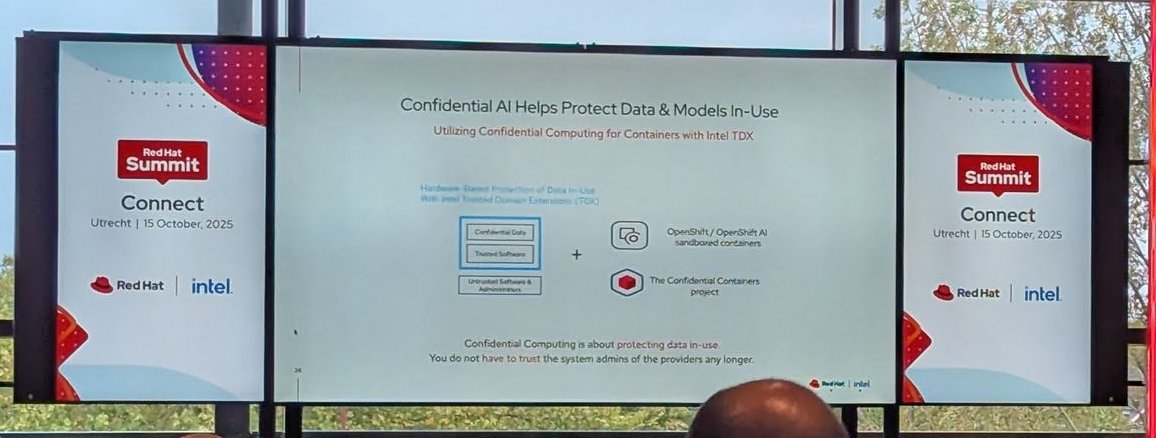 Slide titled Confidential AI Helps Protect Data and Models In-Use, utilizing confidential computing for containers with Intel TDX, combining OpenShift sandboxed containers and the Confidential Containers project