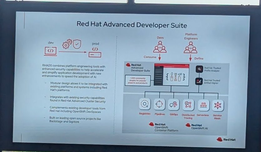 Slide titled Red Hat Advanced Developer Suite, showing developers consuming and platform engineers defining a portal with Trusted Profile Analyzer, Trusted Artifact Signer, registries, pipelines, GitOps, tracing, serverless and service mesh on OpenShift
