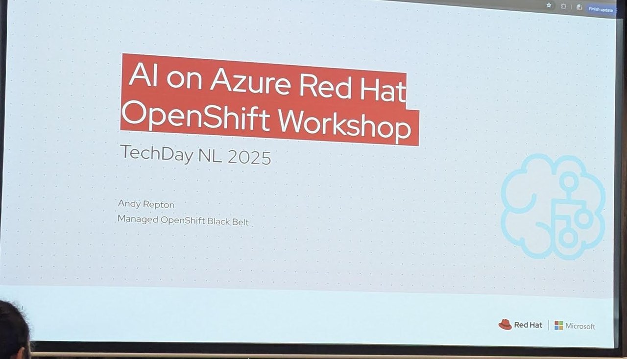 Title slide of the AI on Azure Red Hat OpenShift Workshop, TechDay NL 2025, with Andy Repton, Managed OpenShift Black Belt