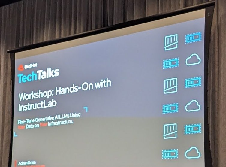 Workshop title slide: Red Hat TechTalks, Workshop: Hands-On with InstructLab, Fine-Tune Generative AI LLMs Using Your Data on Your Infrastructure