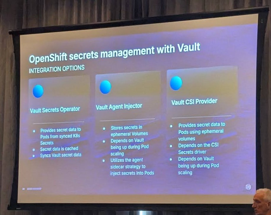Slide on OpenShift secrets management with Vault, listing Vault Secrets Operator, Vault Agent Injector and Vault CSI Provider