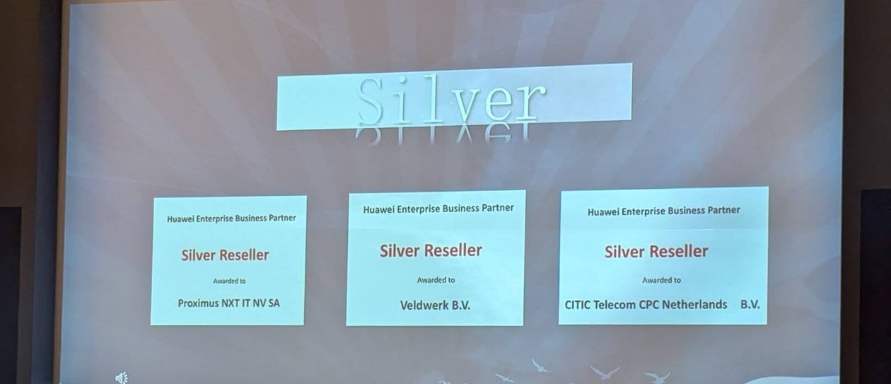 Silver slide with three Huawei Enterprise Business Partner certificates, Silver Reseller, awarded to Proximus NXT IT NV SA, Veldwerk B.V. and CITIC Telecom CPC Netherlands B.V.