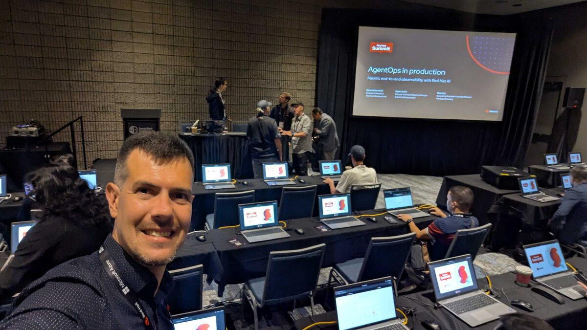Luca Berton at the AgentOps in Production lab at Red Hat Summit 2026