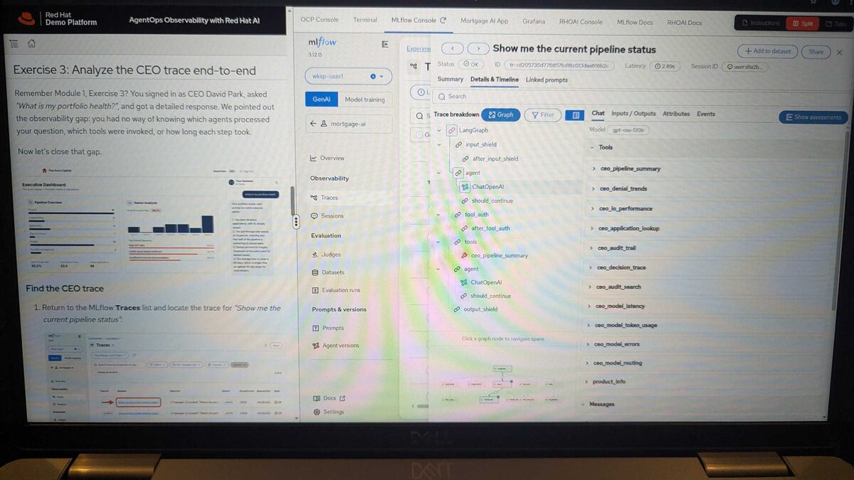 MLflow Console showing full trace breakdown of CEO agent query with LangGraph spans