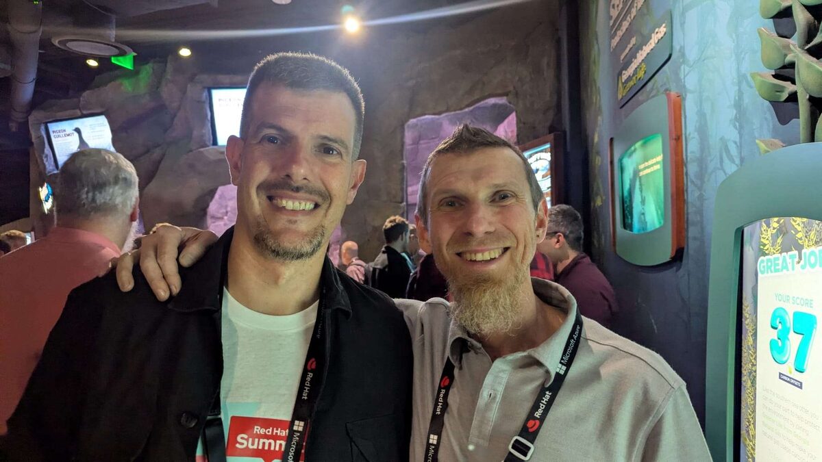 Luca Berton with Chris Wright, CTO of Red Hat, at Red Hat Summit 2026