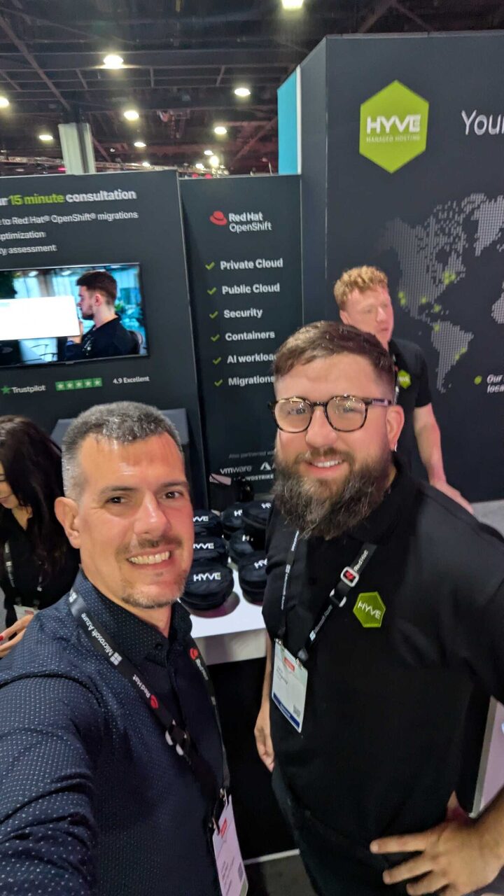 Luca Berton with the HYVE Managed Hosting team at Red Hat Summit 2026