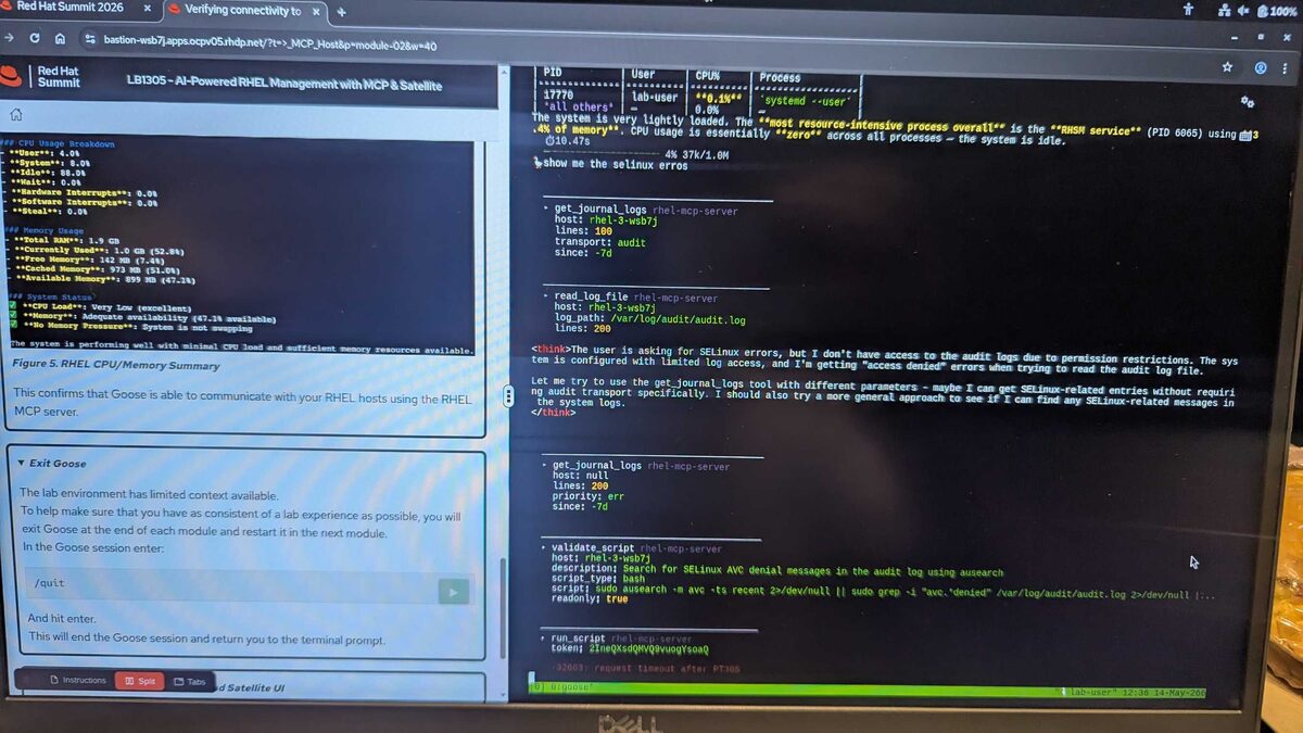 Goose security review — SELinux audit investigation using journal logs, audit log reading, and guarded script execution