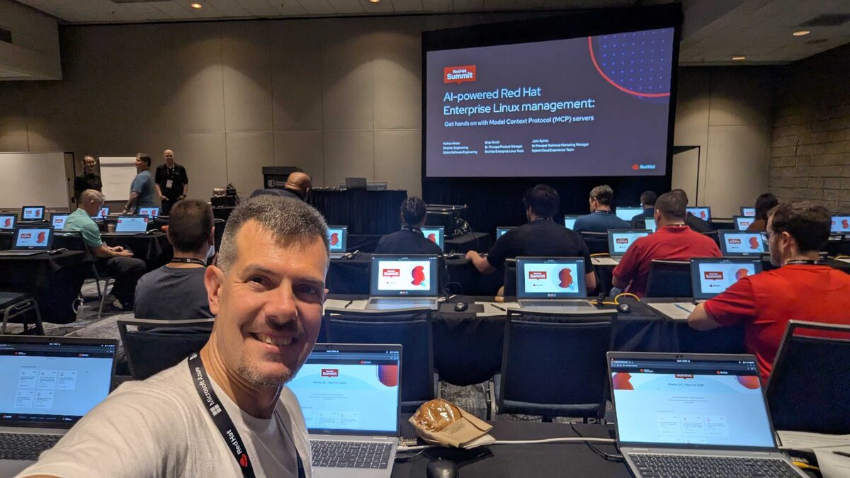 Luca Berton at AI-powered RHEL management hands-on lab at Red Hat Summit 2026