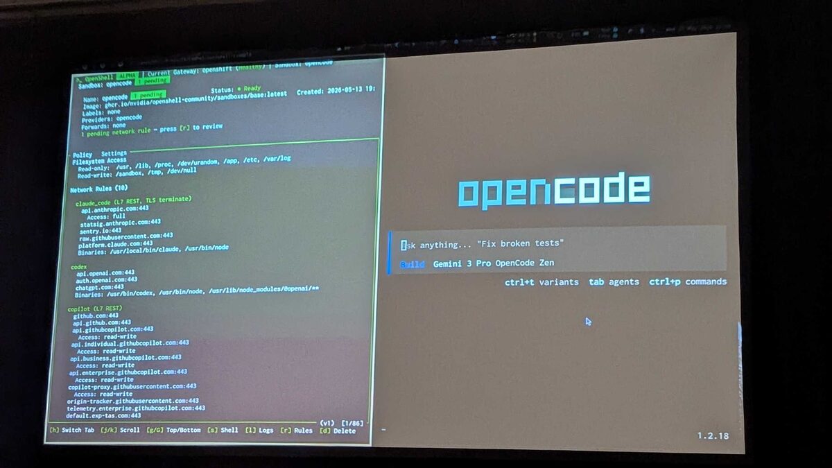 OpenShell network rules β Claude Code, Codex, Copilot endpoint whitelists with TLS termination